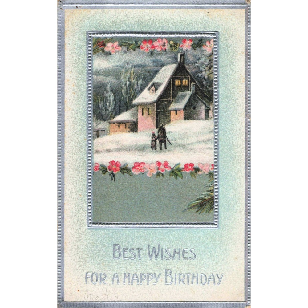 Vintage 1912 Birthday Postcard Winter Snow Cottage Scene Embossed PS Serie 281
